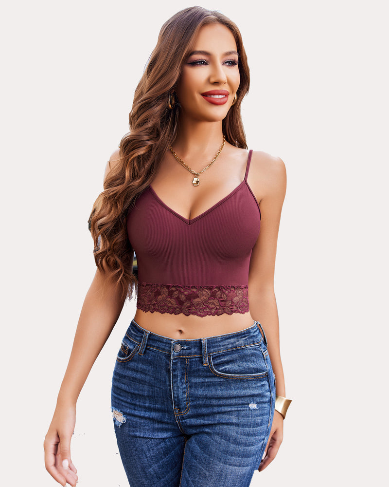 Burgundy ribbed tank top with lace trim. V-neck spaghetti strap crop top. Lace bralette camisole.