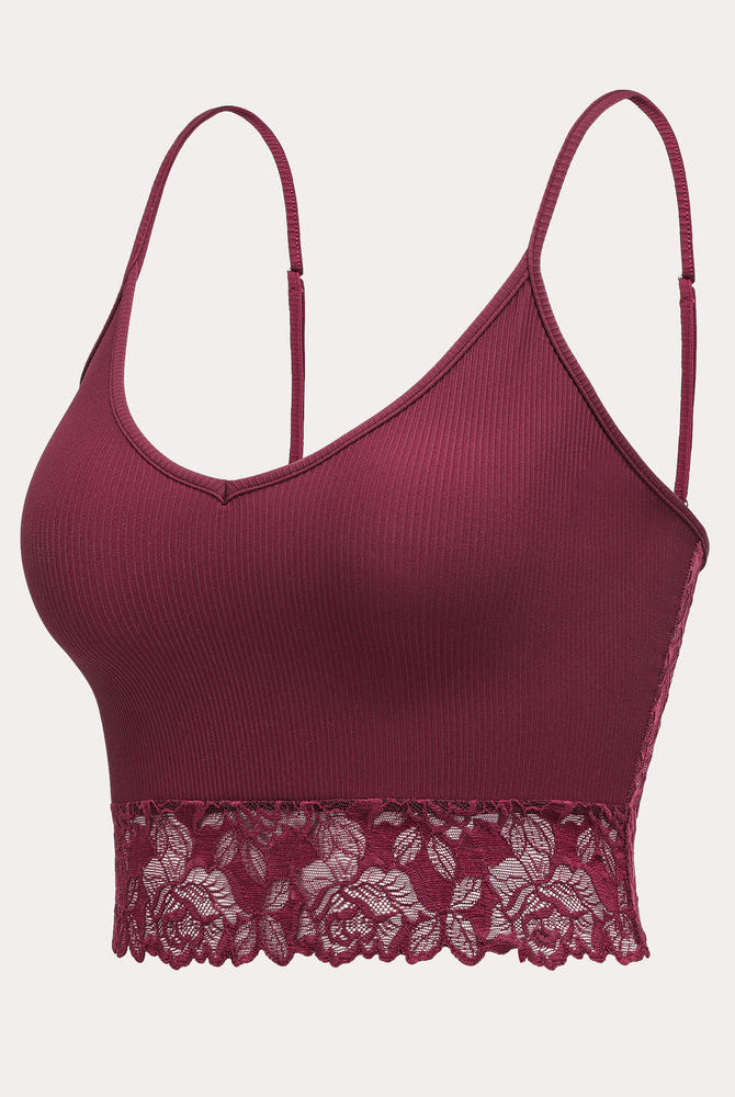 Burgundy ribbed tank top with lace trim and spaghetti straps, V-neck crop camisole, elegant lingerie