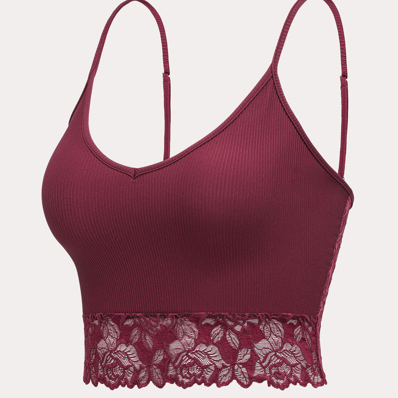 Burgundy ribbed tank top with lace trim and spaghetti straps, V-neck crop camisole, elegant lingerie