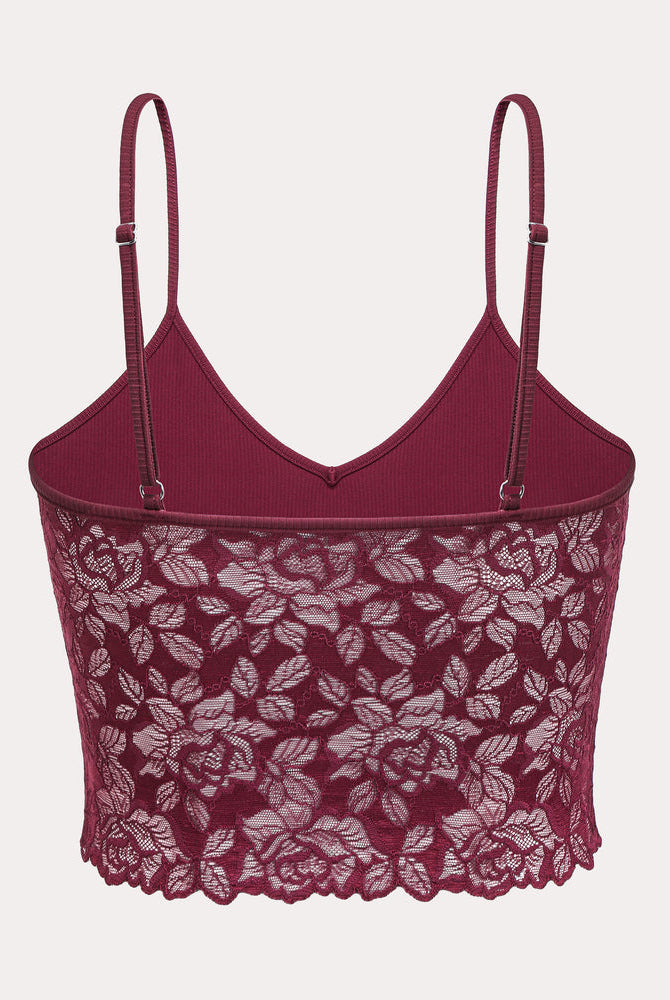 Burgundy lace bralette crop top with V-neck and adjustable straps