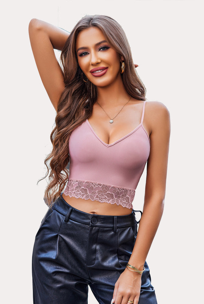 Dusty rose lace trim V-neck crop top with spaghetti straps. Sexy ribbed camisole lingerie.