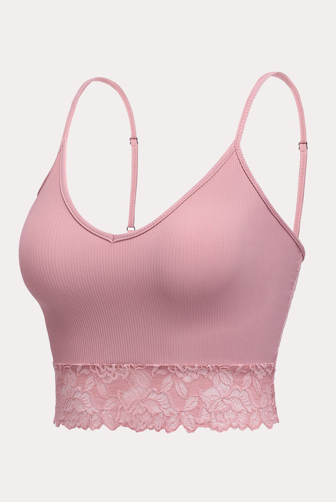 Dusty rose ribbed tank top with lace trim, spaghetti straps, and V-neck. Sexy lingerie crop top.