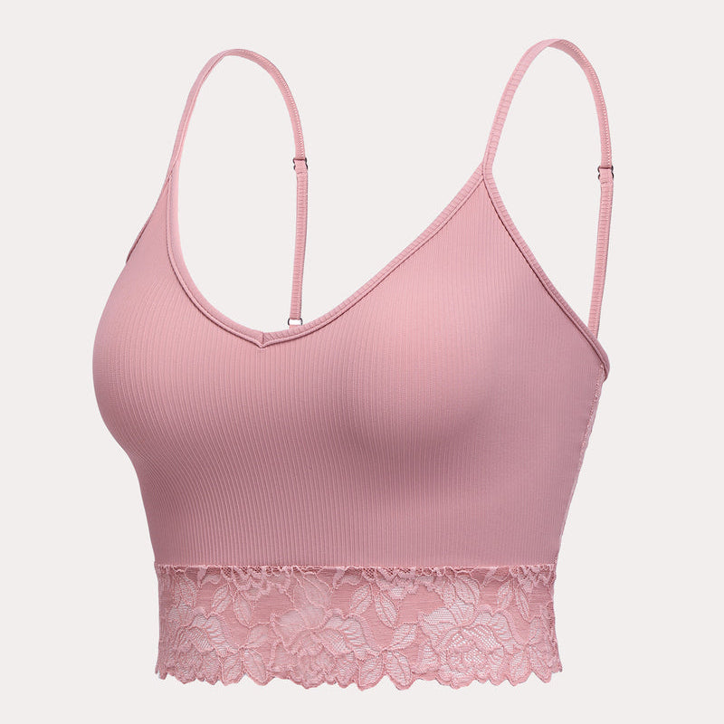 Dusty rose ribbed tank top with lace trim, spaghetti straps, and V-neck. Sexy lingerie crop top.