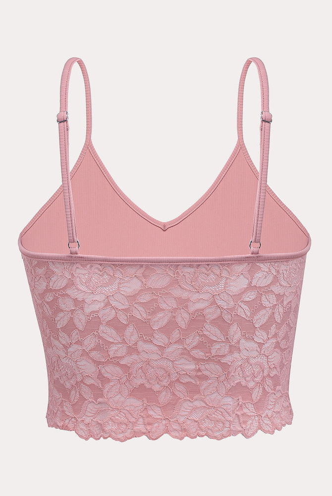 Dusty rose lace V-neck crop top with spaghetti straps. Sexy lace bralette lingerie.