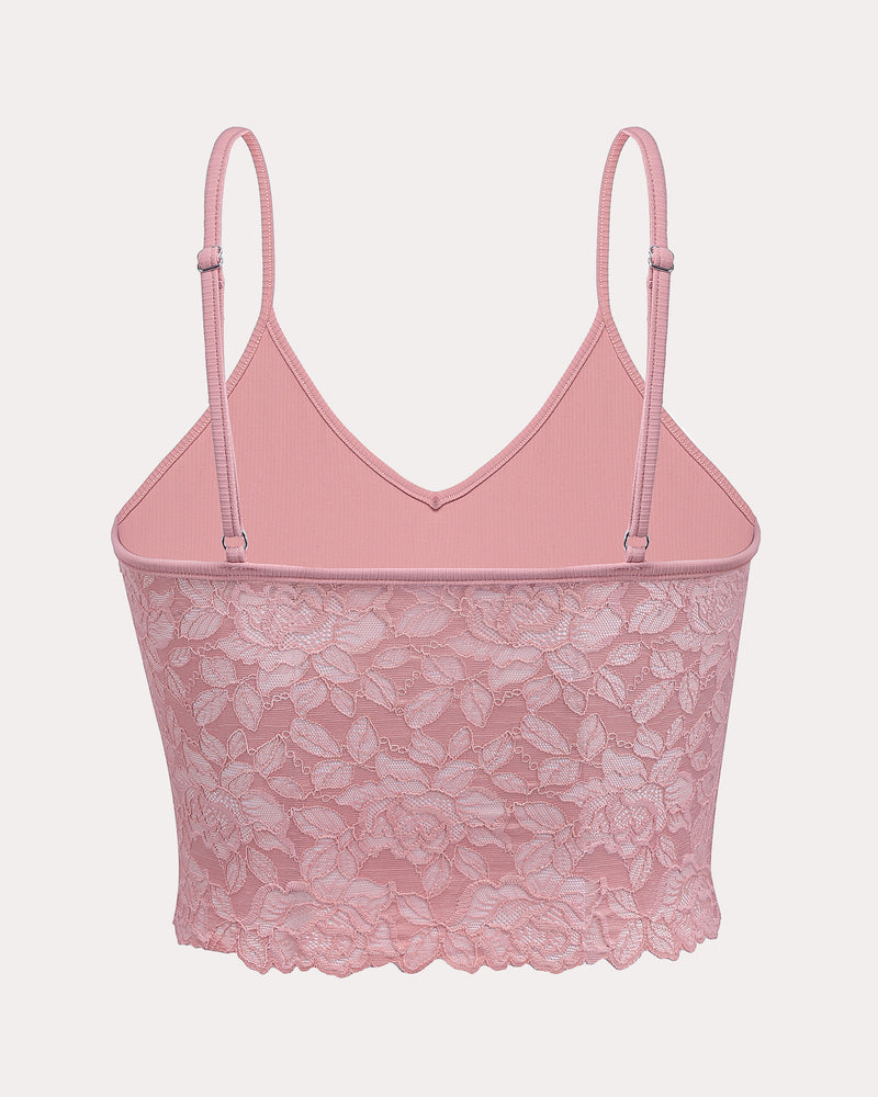 Dusty rose lace V-neck crop top with spaghetti straps. Sexy lace bralette lingerie.