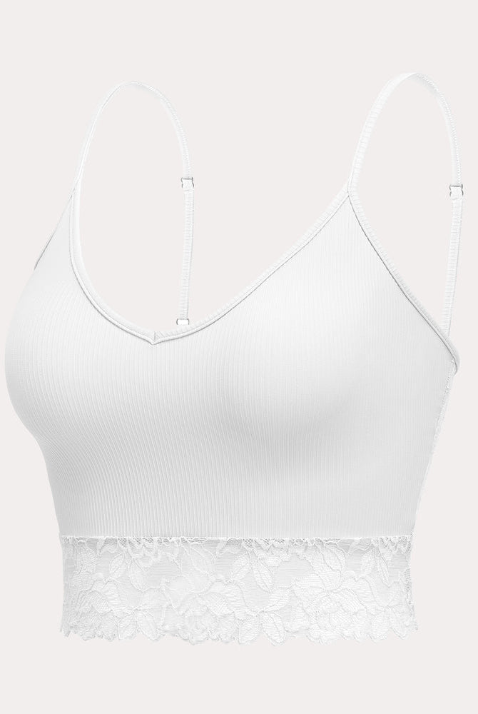 White ribbed lace trim V-neck crop top with spaghetti straps. Sexy lingerie camisole.