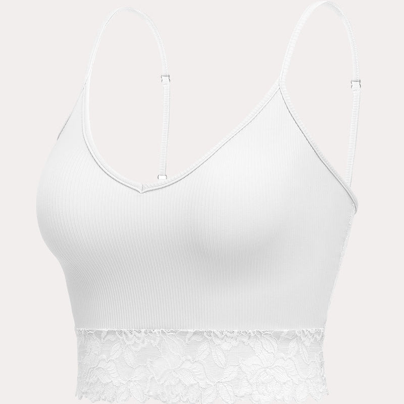 White ribbed lace trim V-neck crop top with spaghetti straps. Sexy lingerie camisole.