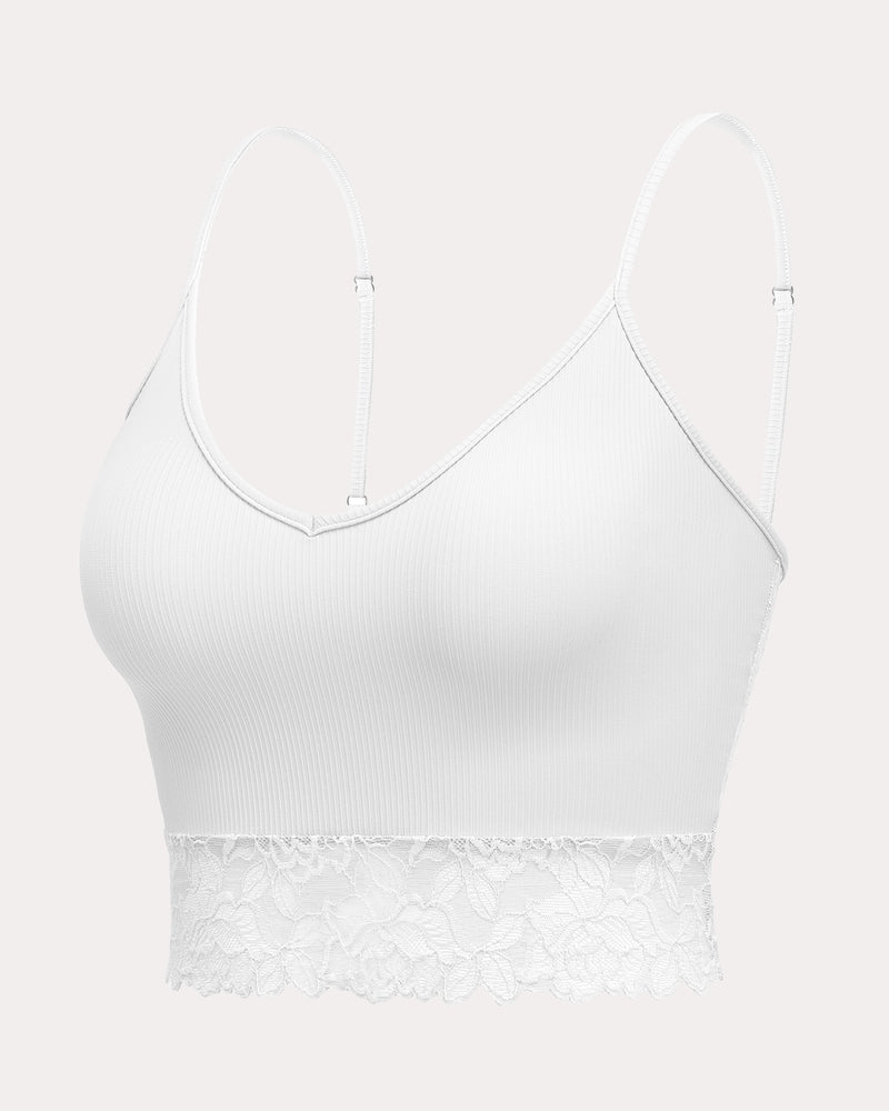 White ribbed lace trim V-neck crop top with spaghetti straps. Sexy lingerie camisole.
