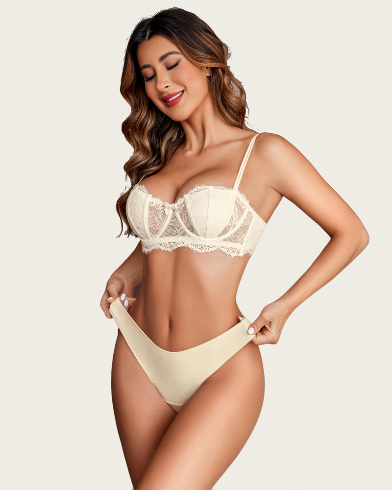 Ivory lace bra and no show hipster panties set. Sexy, comfortable, and designed for a seamless look.