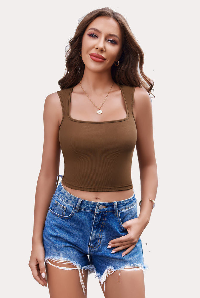 Brown ribbed cami crop top with square neck and denim shorts, perfect for summer