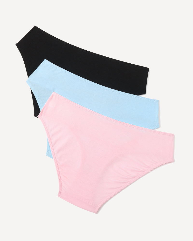 High-cut seamless hipster panties in pink, black, and light blue. Soft & comfortable.