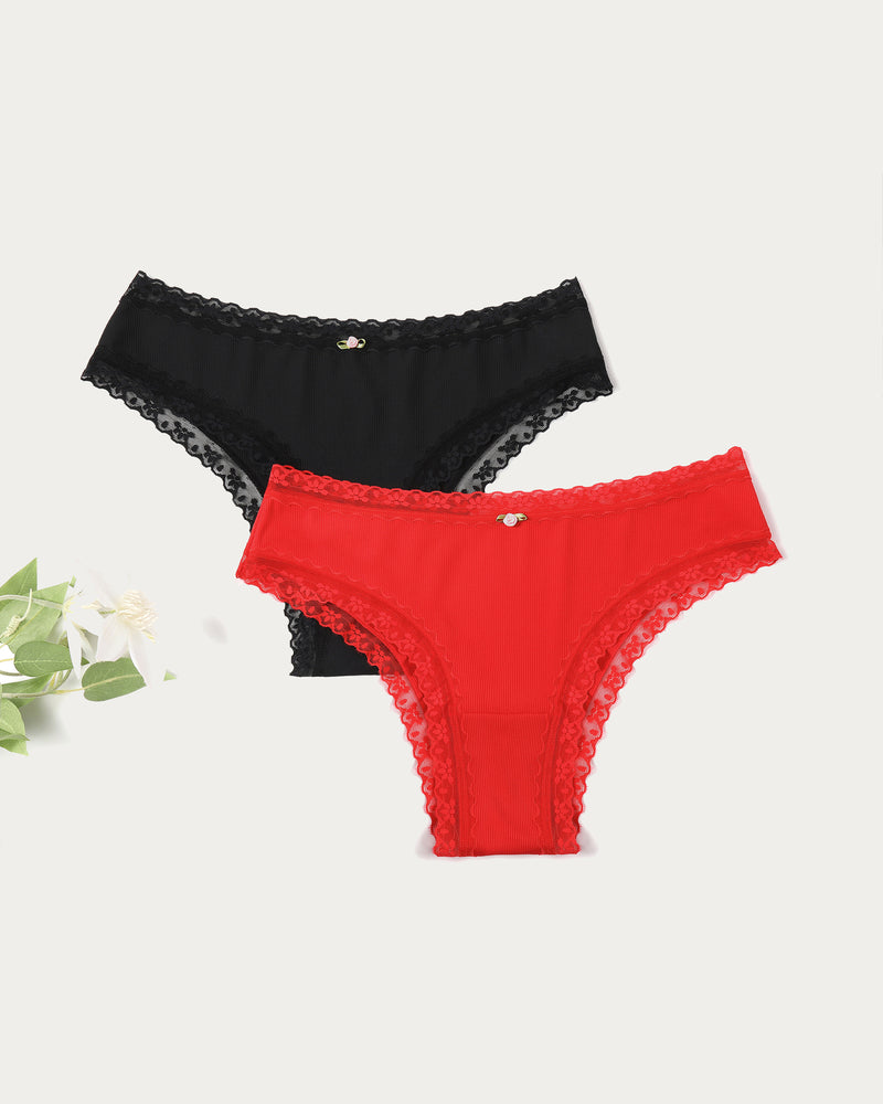 Avidlove Hipster Panties in Black and Red, lace trim brief underwear for women.