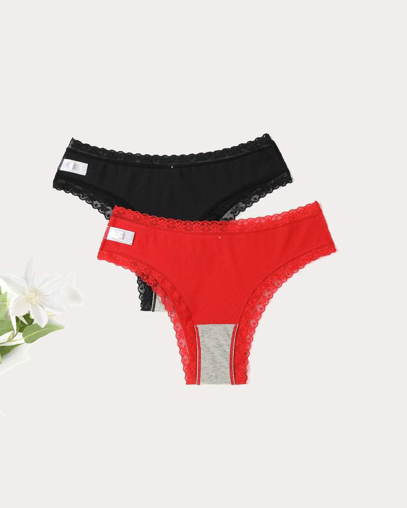 Avidlove Hipster Panties in Black and Red with Lace Trim. Comfortable brief underwear.
