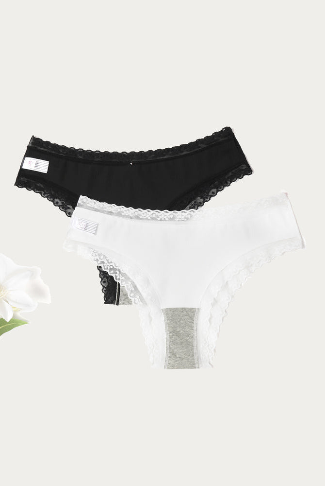 Avidlove Hipster Panties in Black and White with Lace Trim, Double Layered Crotch