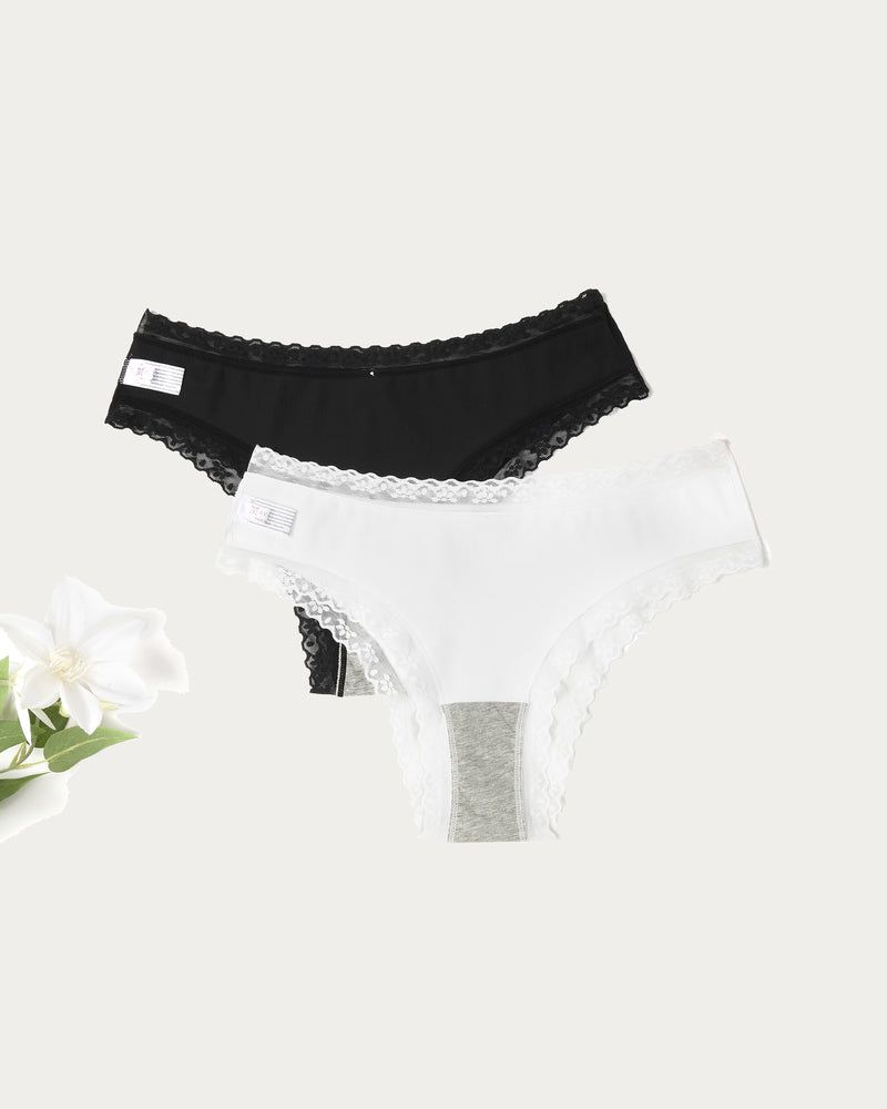 Avidlove Hipster Panties in Black and White with Lace Trim, Double Layered Crotch