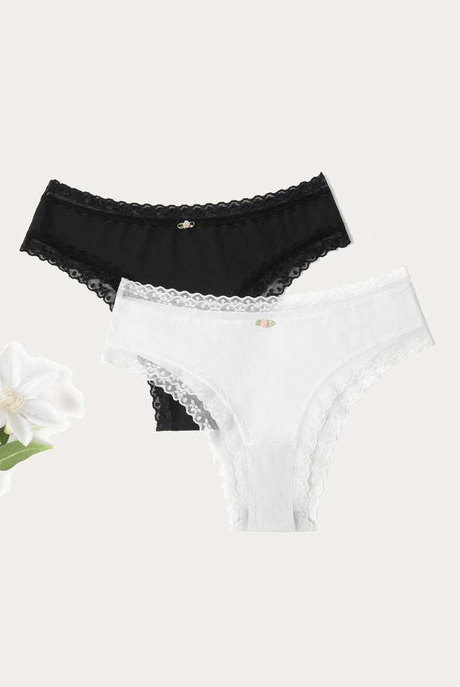 Avidlove Hipster Panties in Black and White with Lace Trim. Brief underwear for women.