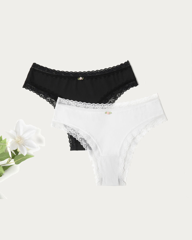 Avidlove Hipster Panties in Black and White with Lace Trim. Brief underwear for women.