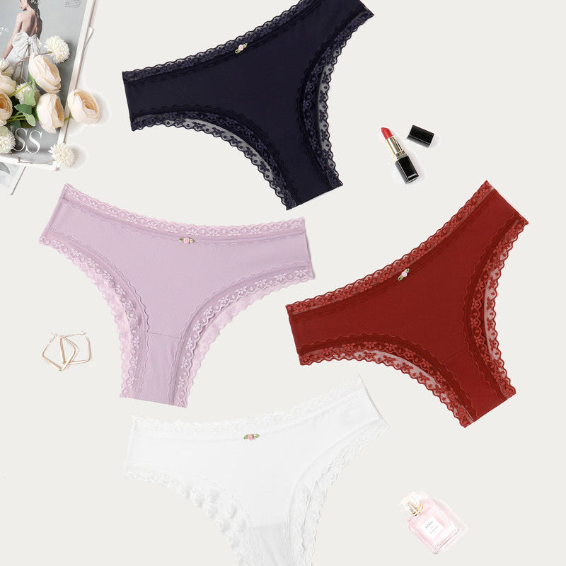 Avidlove Hipster Panties in Navy, Lilac, Red, and White with Lace Trim and Floral Bows