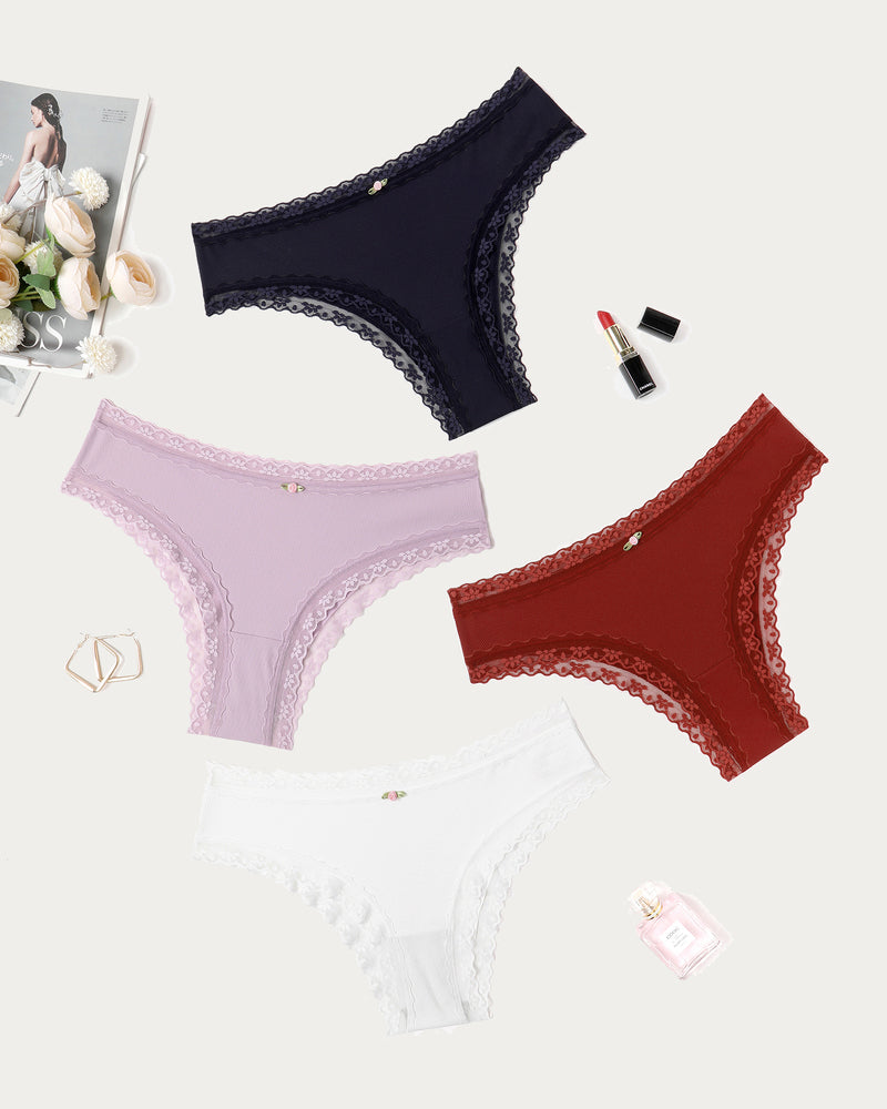 Avidlove Hipster Panties in Navy, Lilac, Red, and White with Lace Trim and Floral Bows