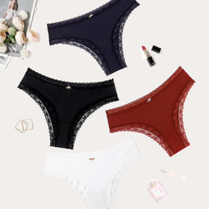 Avidlove hipster panties in black, navy, red, and white with lace trim and floral bow details