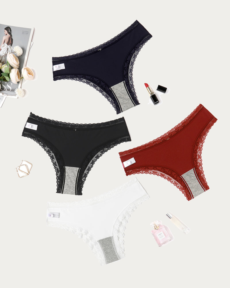Avidlove Hipster Panties: Black, Navy, Wine Red, White with Lace Trim and Double Layered Crotch