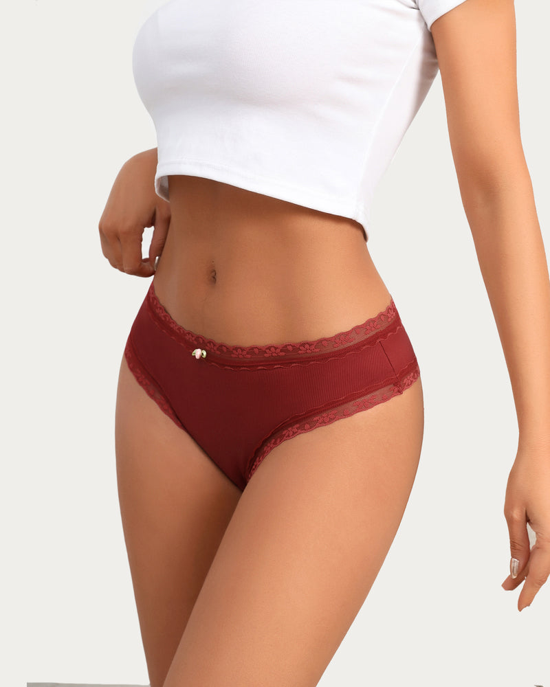 Avidlove Hipster Panties in wine red, lace trim with floral bow, brief underwear