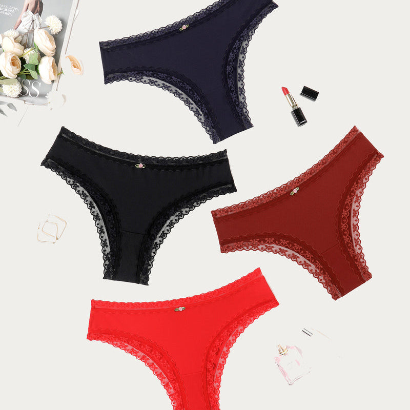 Avidlove Hipster Panties in Black, Navy, Red, Wine Red with Lace Trim