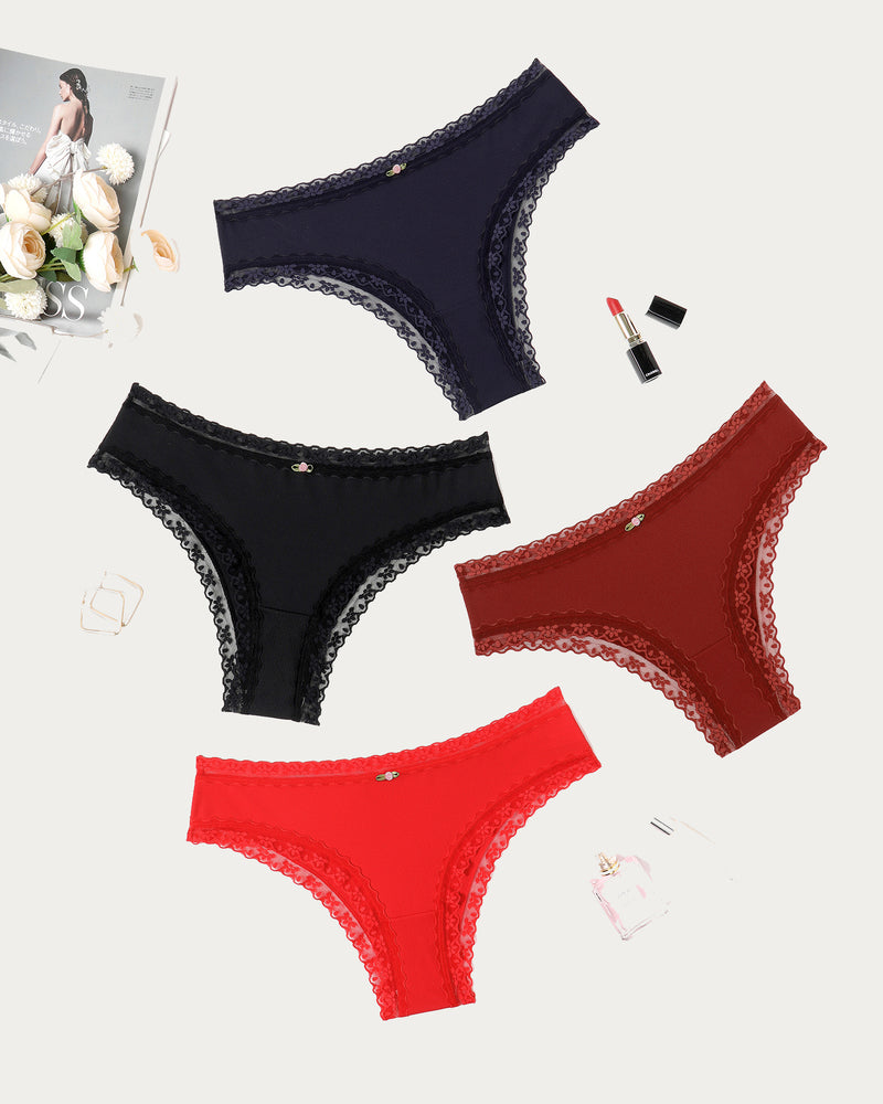 Avidlove Hipster Panties in Black, Navy, Red, Wine Red with Lace Trim