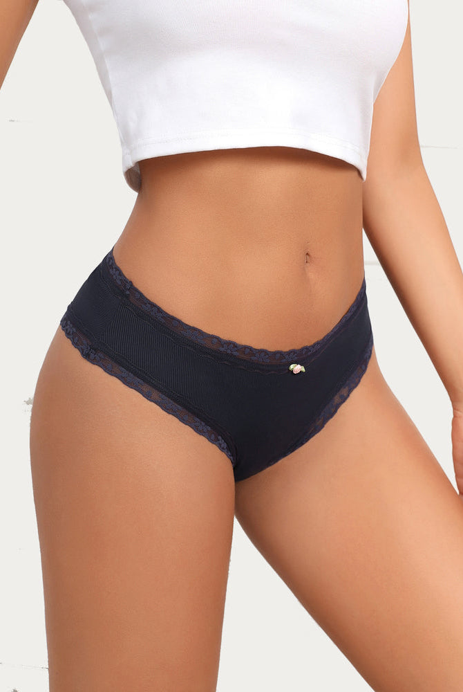 Avidlove navy hipster panties with lace trim. Women's comfortable brief underwear with floral bow.