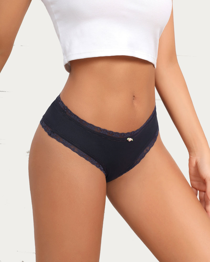 Avidlove navy hipster panties with lace trim. Women's comfortable brief underwear with floral bow.