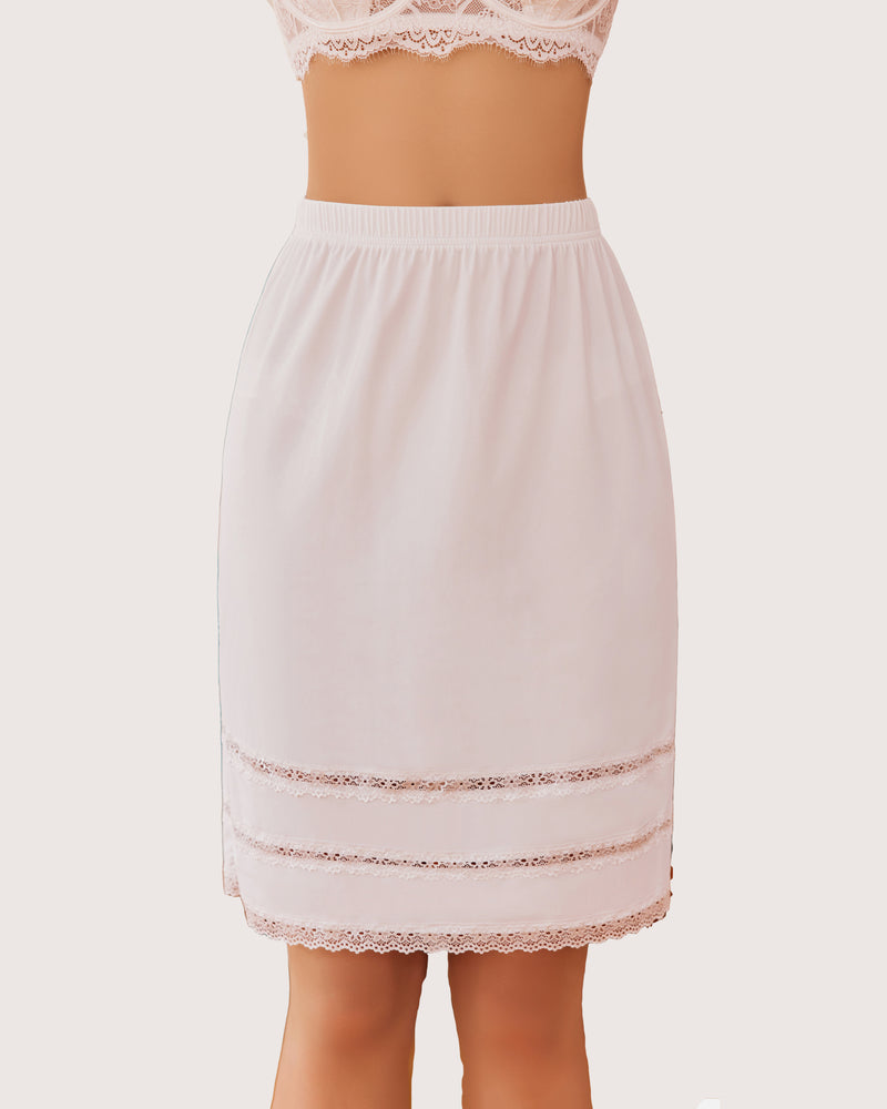 White knee length half slip with lace detail and comfortable elastic waistband