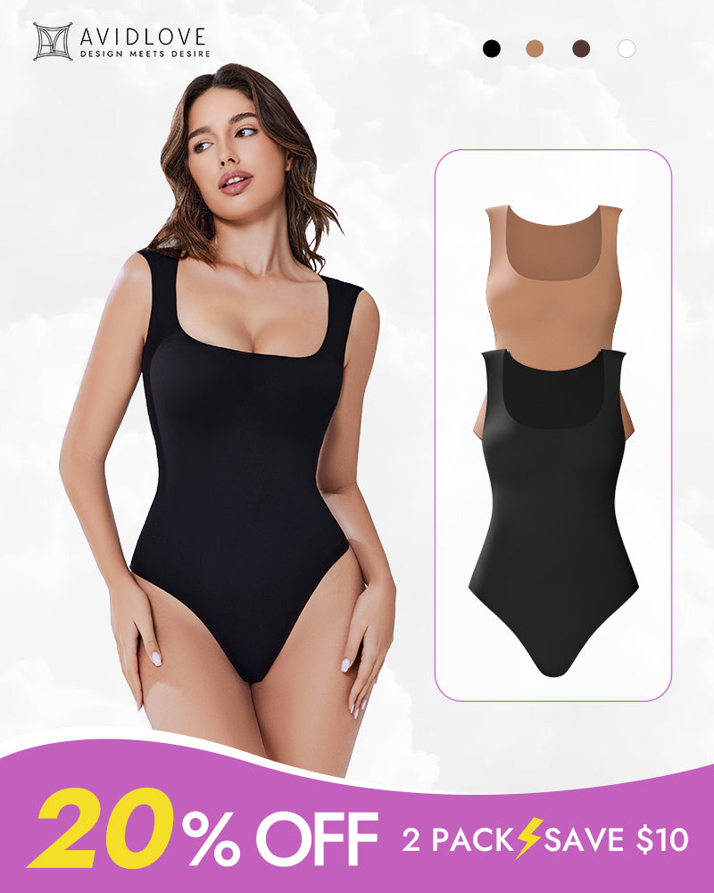 Avidlove 2-Pack square neck shapewear bodysuit in black, featuring 20% off sale