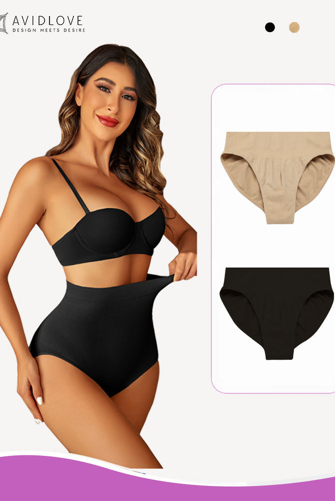 Avidlove high waist shapewear panty for tummy control, in black and beige. Smooth, seamless design.