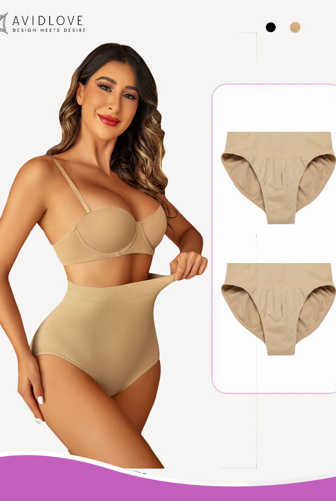 Avidlove beige high waist shapewear panty and bra set, smooth seamless tummy control design.