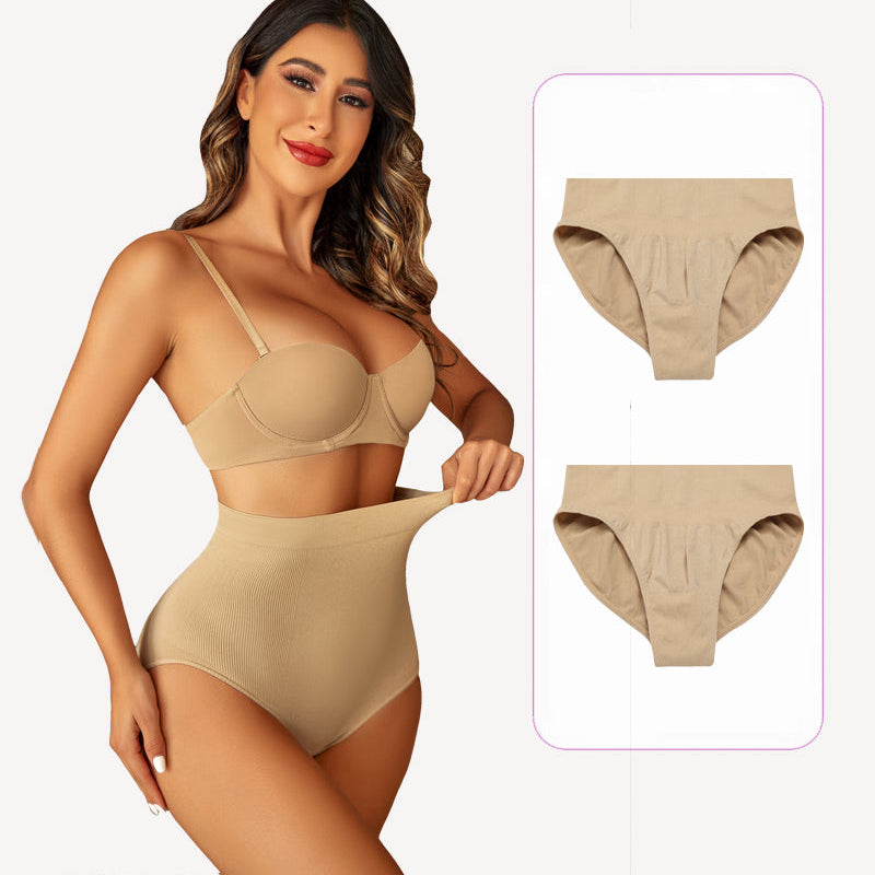 Avidlove beige high waist shapewear panty and bra set, smooth seamless tummy control design.