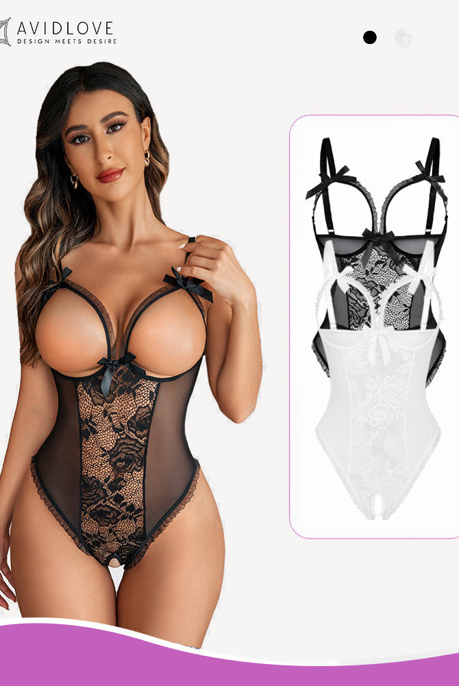 Black lace mini bodysuit by Avidlove; cutout bra, ruffle trim, and crotchless design