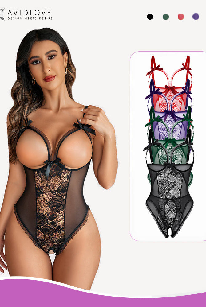 Avidlove black crotchless lingerie with lace and bow details; Available in red, purple, and green.
