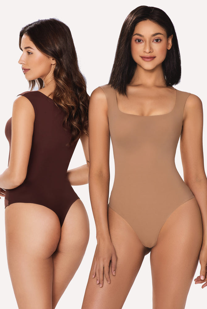 Avidlove Square Neck Bodysuit: Models in brown and nude shapewear, showcasing bodyline and fit.