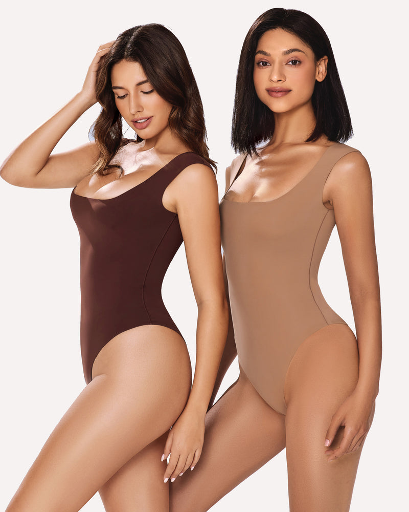 Avidlove 3-Pack Square Neck Bodysuit Shapewear in brown and beige, showcasing flattering bodylines.