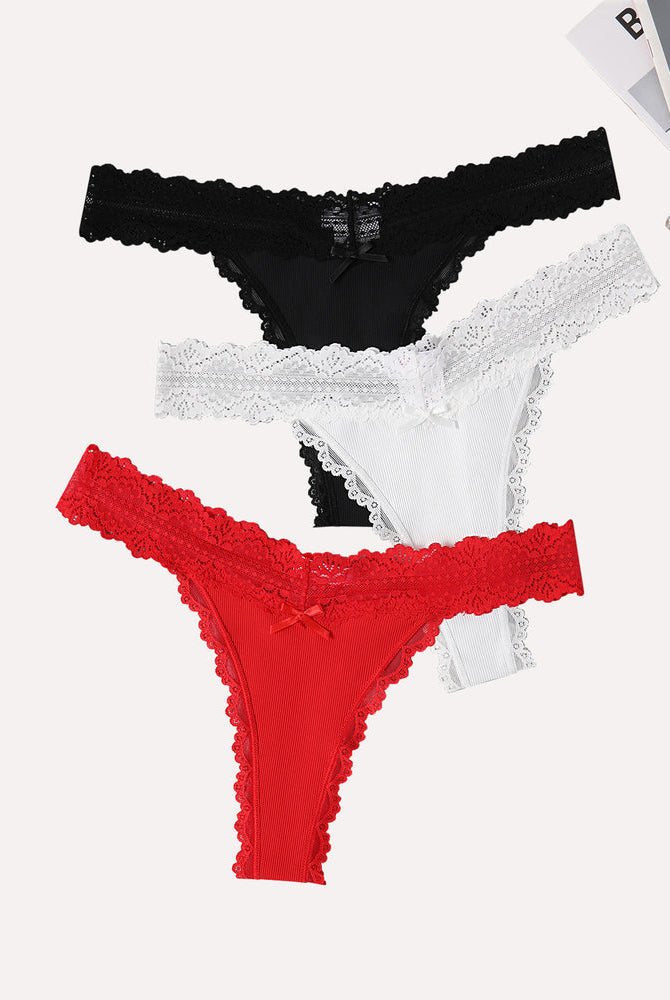 Avidlove lace waist thong panties set: black, white, and red. Ribbed fabric and sexy lace lingerie.