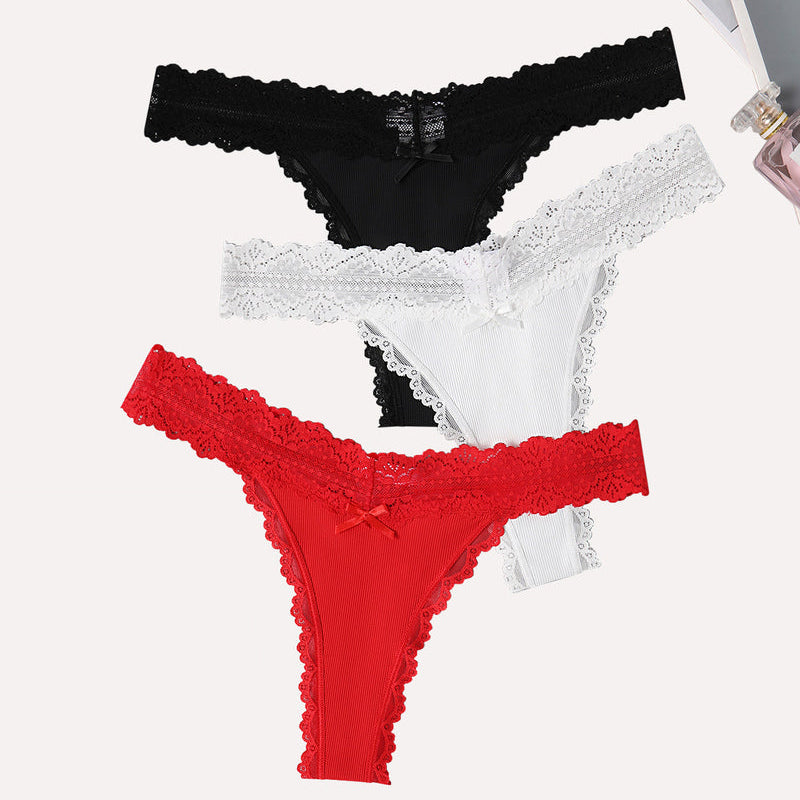 Avidlove lace waist thong panties set: black, white, and red. Ribbed fabric and sexy lace lingerie.