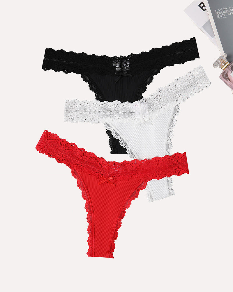 Avidlove lace waist thong panties set: black, white, and red. Ribbed fabric and sexy lace lingerie.