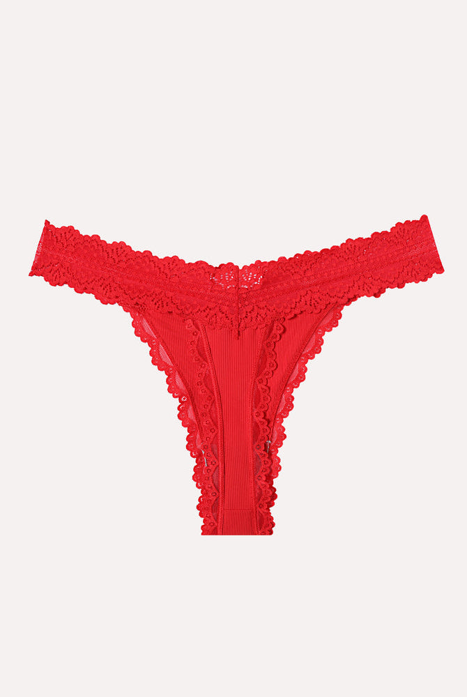 Avidlove red lace waist thong panties with ribbed fabric. Sexy and comfortable lingerie.