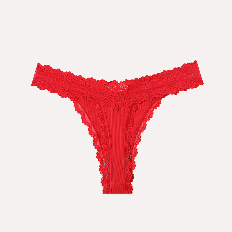 Avidlove red lace waist thong panties with ribbed fabric. Sexy and comfortable lingerie.