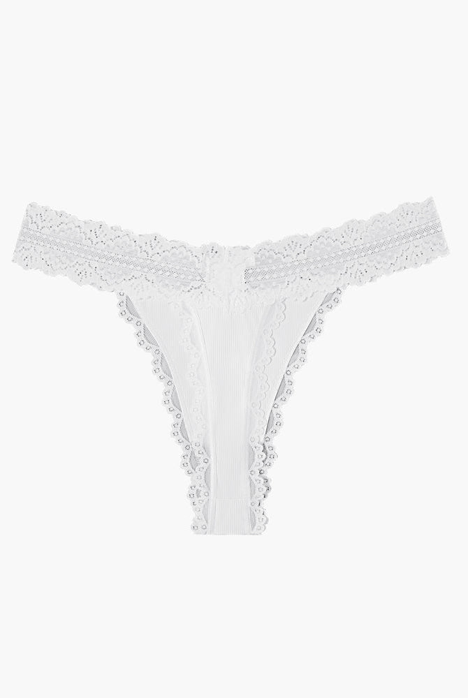 Avidlove white lace thong panties with ribbed fabric. Sexy, comfortable lingerie.