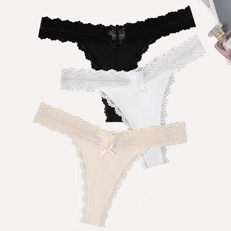 Avidlove thong panties set. Black, white, and beige with lace waist, ribbed fabric and bow.
