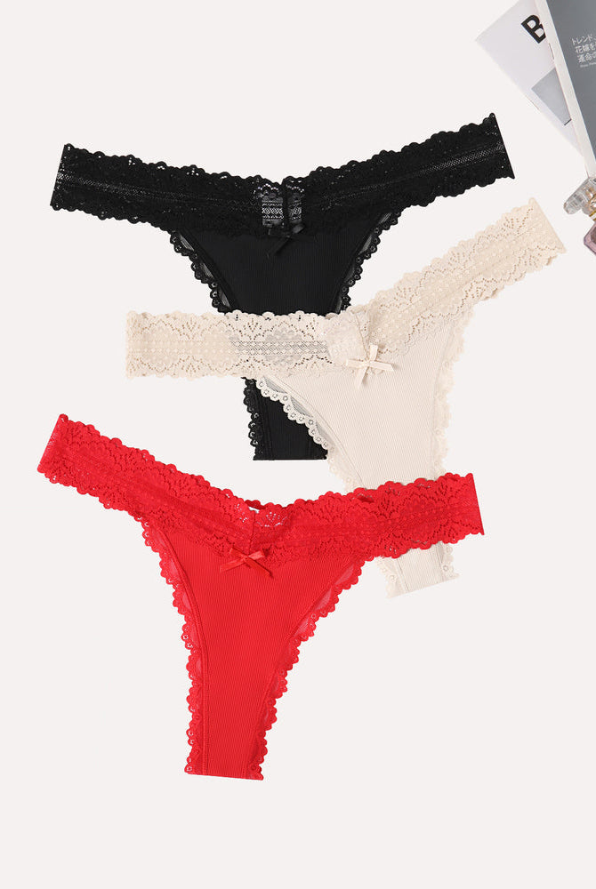Avidlove Thong Panties Set: Black, Beige, and Red Lace Waist Ribbed T-Back Lingerie