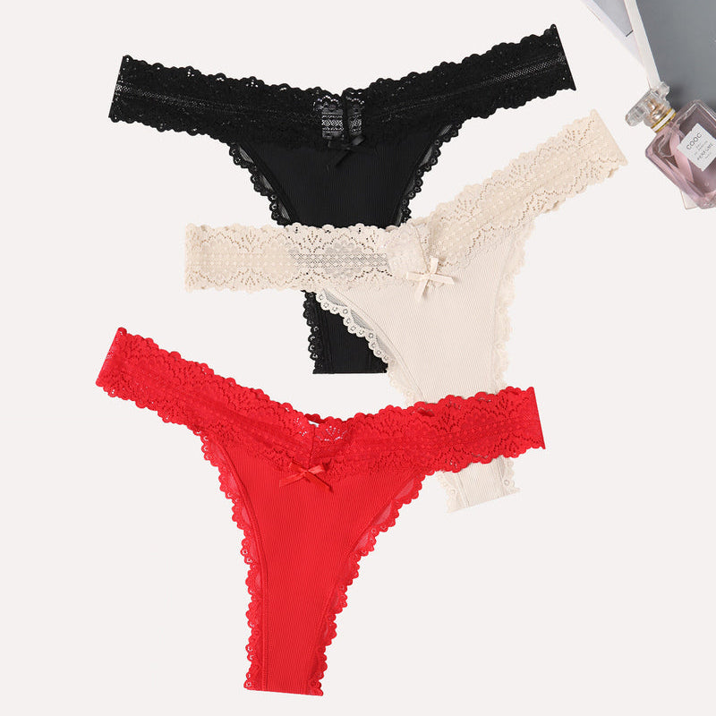 Avidlove Thong Panties Set: Black, Beige, and Red Lace Waist Ribbed T-Back Lingerie