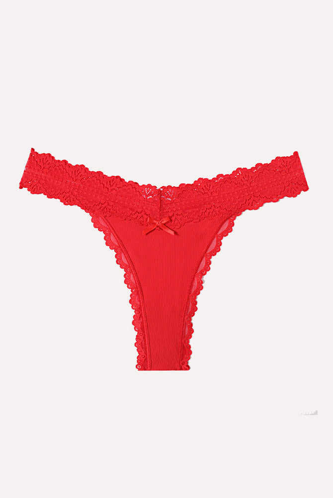 Avidlove red lace waist thong panties with ribbed fabric and bow detail. Sexy lingerie for women
