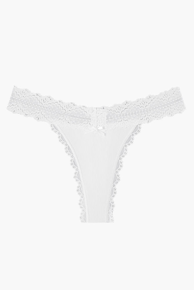 White lace waist thong panties by Avidlove. Ribbed fabric and bow detail. Sexy lingerie.